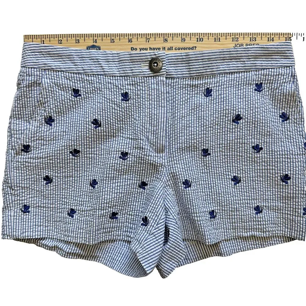 Brooks Brothers Women's Seersucker Shorts Embroidered Bees White Blue Size 2